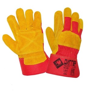 Перчатки спилковые комбинированные (2007) усиленные, желтый/красный