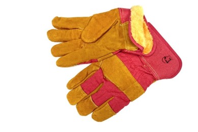 Перчатки спилковые комбинированные (2107) "Русский лев" зимние, желтый/красный, иск.мех фото №242332